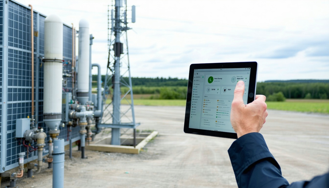 Show a location where there are assets that relate to telecom installation  so it would be ayard and show someone on a tablet doing inventory management