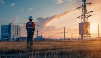 Man viewing a electricity pilon with a sunset