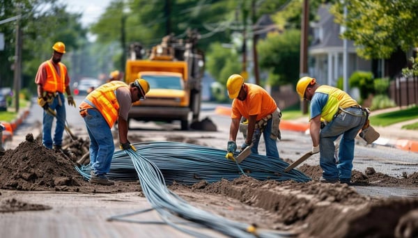 a team of workers in a US street laying fiber optic cables in the ground