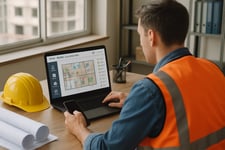 provide a visual that shows someone in a construction office using software for field automation dont need to see the screen