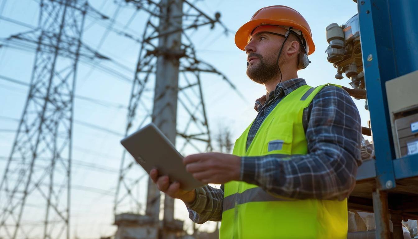 field engineer with tablet and electricity pilon behind him