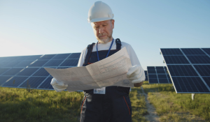 Man review a document in front of solar field