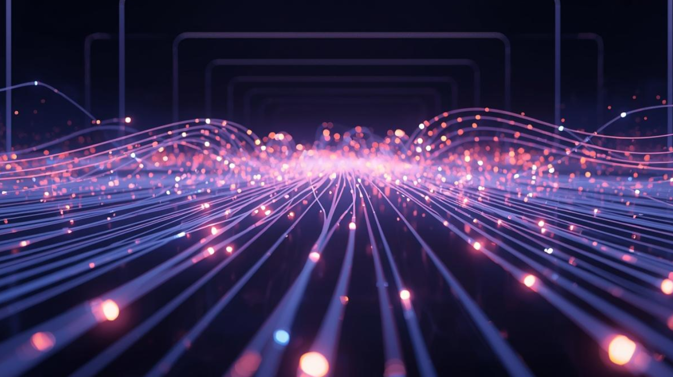 Futuristic light lines depicting fiber data transfer